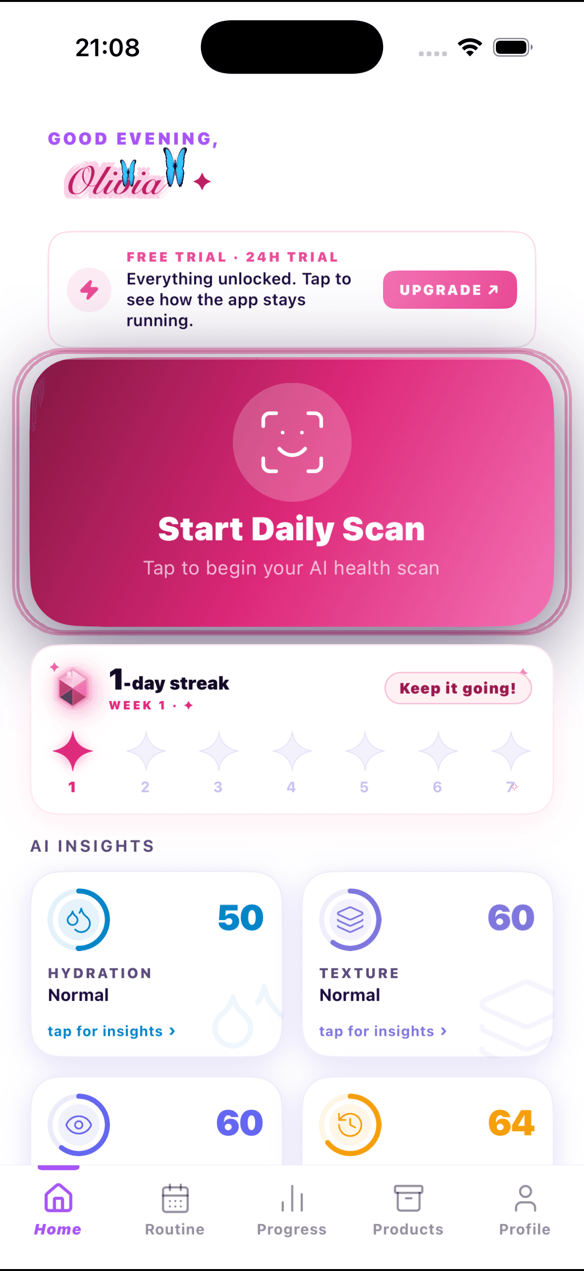 Rosee Skin home — daily scan + AI insights
