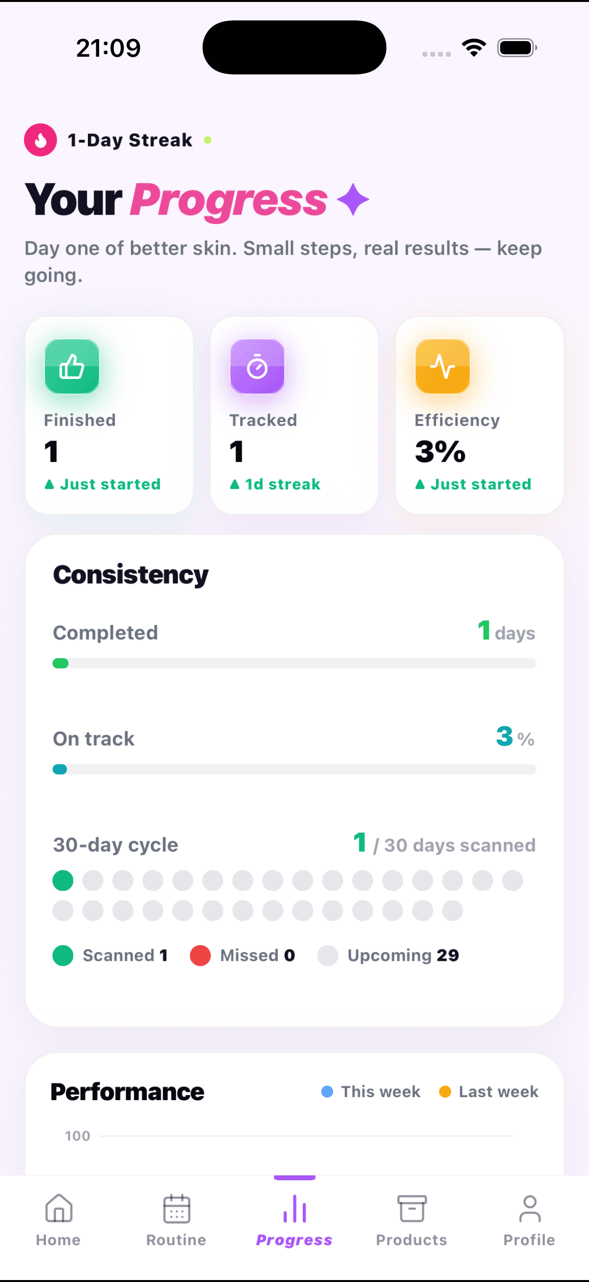 Progress — streak, consistency, 30-day cycle